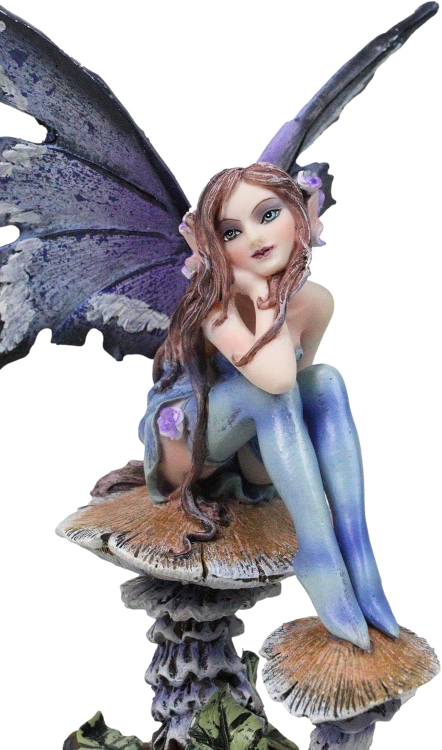 Ebros Amy Brown Forest Willow Nice Fairy Sitting On Wild Giant Mushroom Stool Statue 6" Tall Fantasy Mythical Faery Magic Watercolor Collectible Figurine
