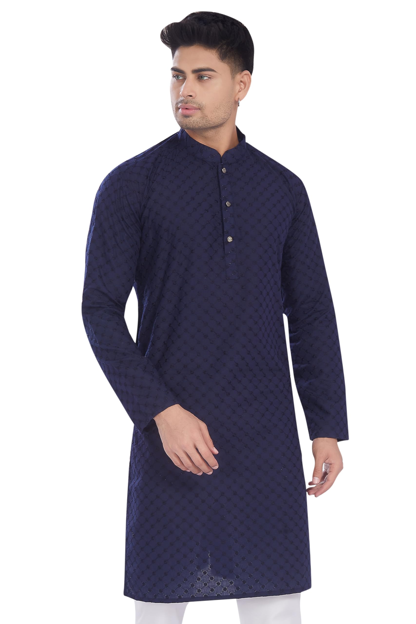 Divisive Men's Thread Embroidered Cotton Only Slim Fit Kurta (Dkrt634_M_Navy)