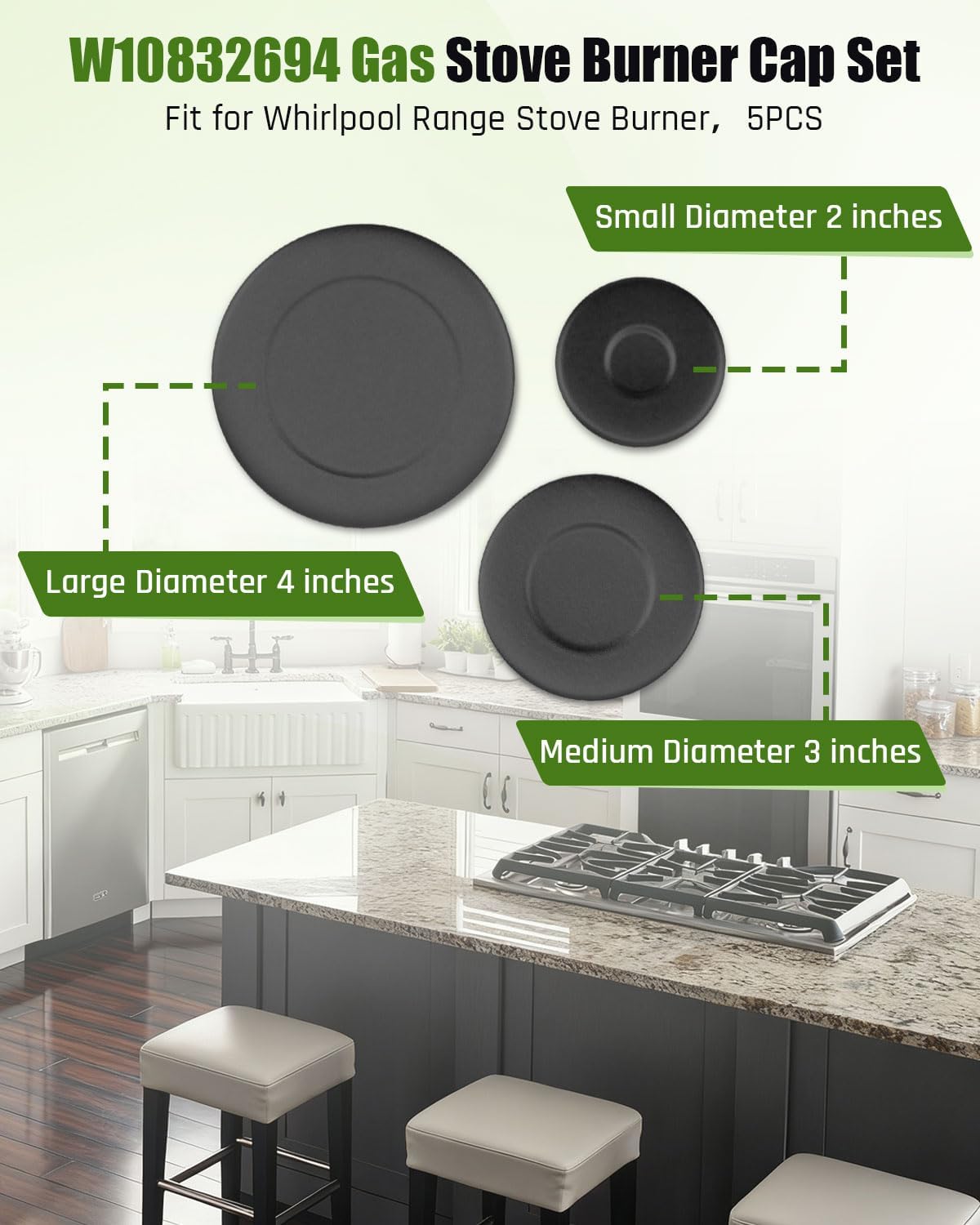 W10832694 Gas Stove Burner Cap Set Fit for Whirlpool Range Stove Burner, Replace W10597133 AP5988633 PS11727796 4363154, 5 Pcs