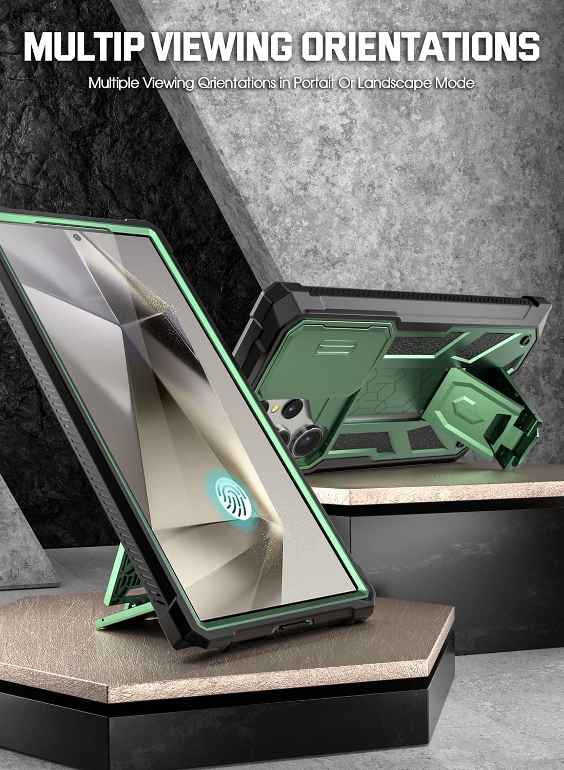 Poetic Spartan Case for Galaxy S24 Ultra 6.8", [Slide Camera Cover] [Screen Protector Works with Fingerprint ID] Military Grade Rugged Shockproof S24 Ultra Phone Case with Kickstand, Metallic Green