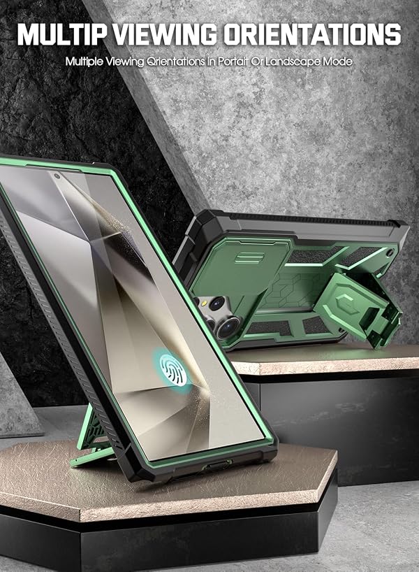 Poetic Spartan Case for Galaxy S24 Ultra 6.8", [Slide Camera Cover] [Screen Protector Works with Fingerprint ID] Military Grade Rugged Shockproof S24 Ultra Phone Case with Kickstand, Metallic Green by Poetic - Used condition - Image 3