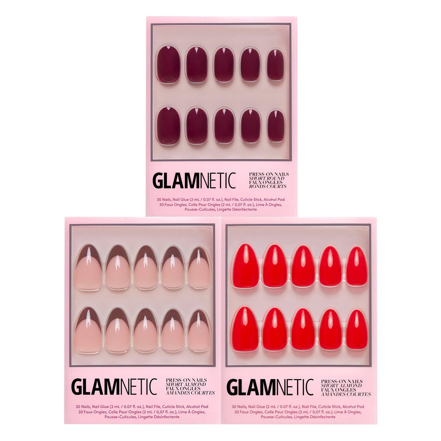 Glamnetic Press-On Nails Bundle - Chocolat, Fiery Red & Berry Maroon | Semi-Transparent Dark Brown French Tip Almond False Nails | Bright Red Almond Fake Nails | Dark Red Short Round Fake