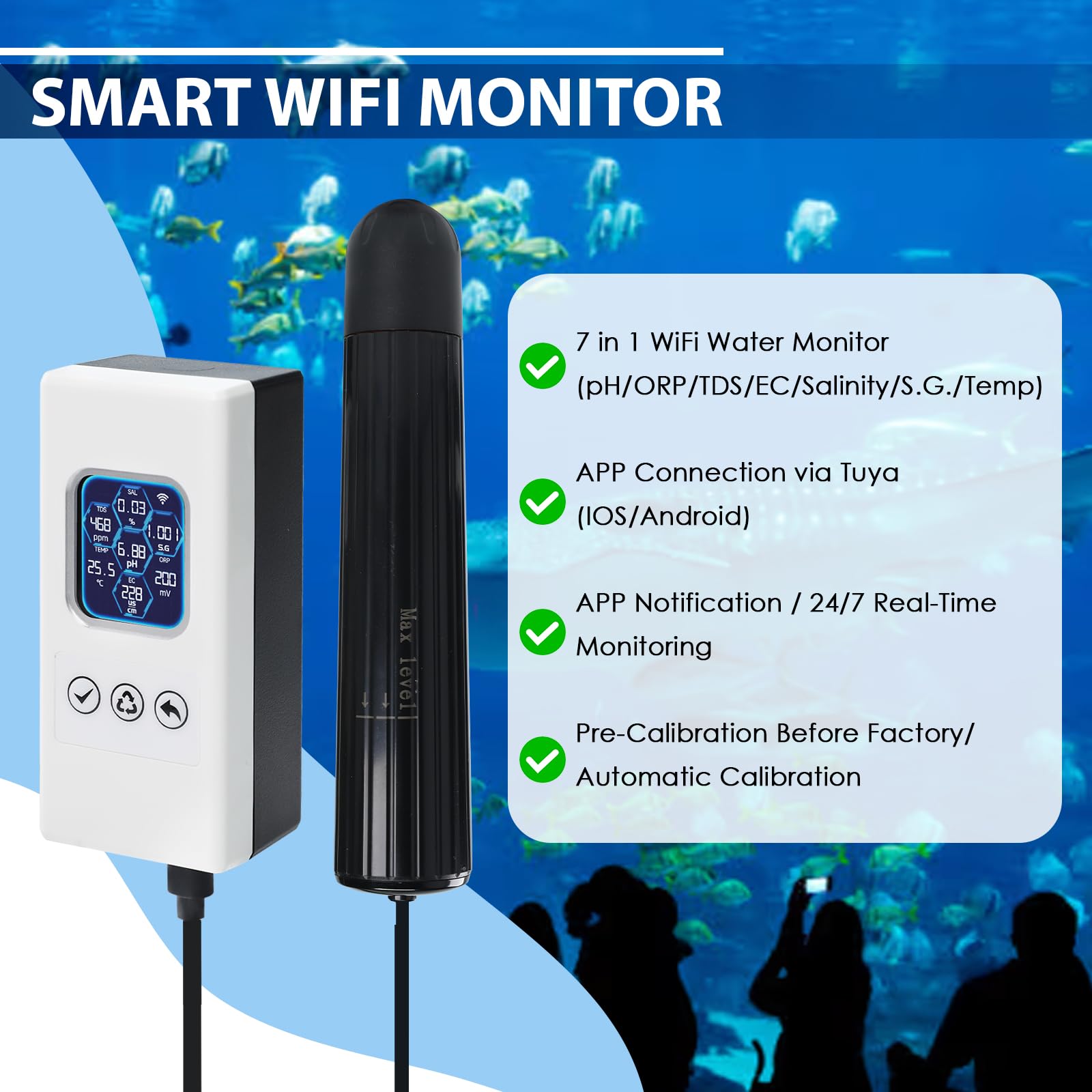 Smarter Wasserqualitätstest Wireless WiFi Multi-Parameter Wasserqualitätsmesser für pH/ORP/TDS/EC/Salinität/SG/Temp Überwachung Echtzeit-Warnungen mit App-Verbindung für Aquarium, Salzwasser Nano