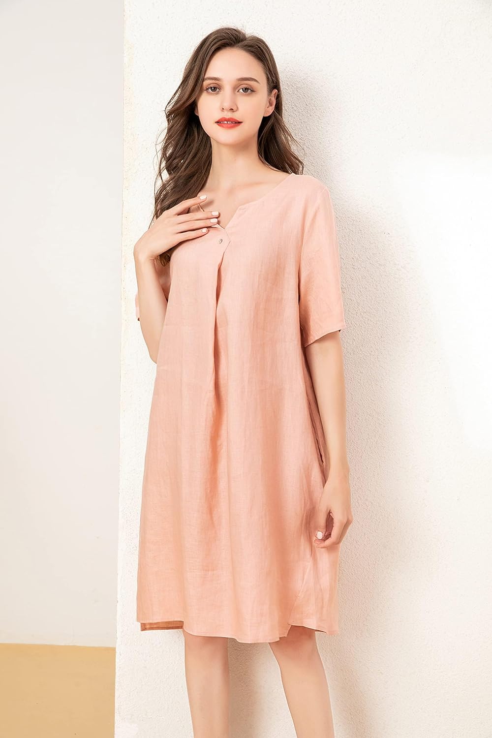 Minibee Women's Summer T Shirt Dress V Neck Linen Casual Tunic Short Sleeve Boho Flowy Sun Dresses - Image 3