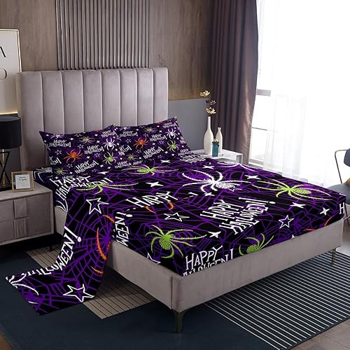Manfei Juego de sábanas de Halloween tamaño matrimonial, juego de ropa de cama de araña colorida para niños y niñas, decoración de habitación de