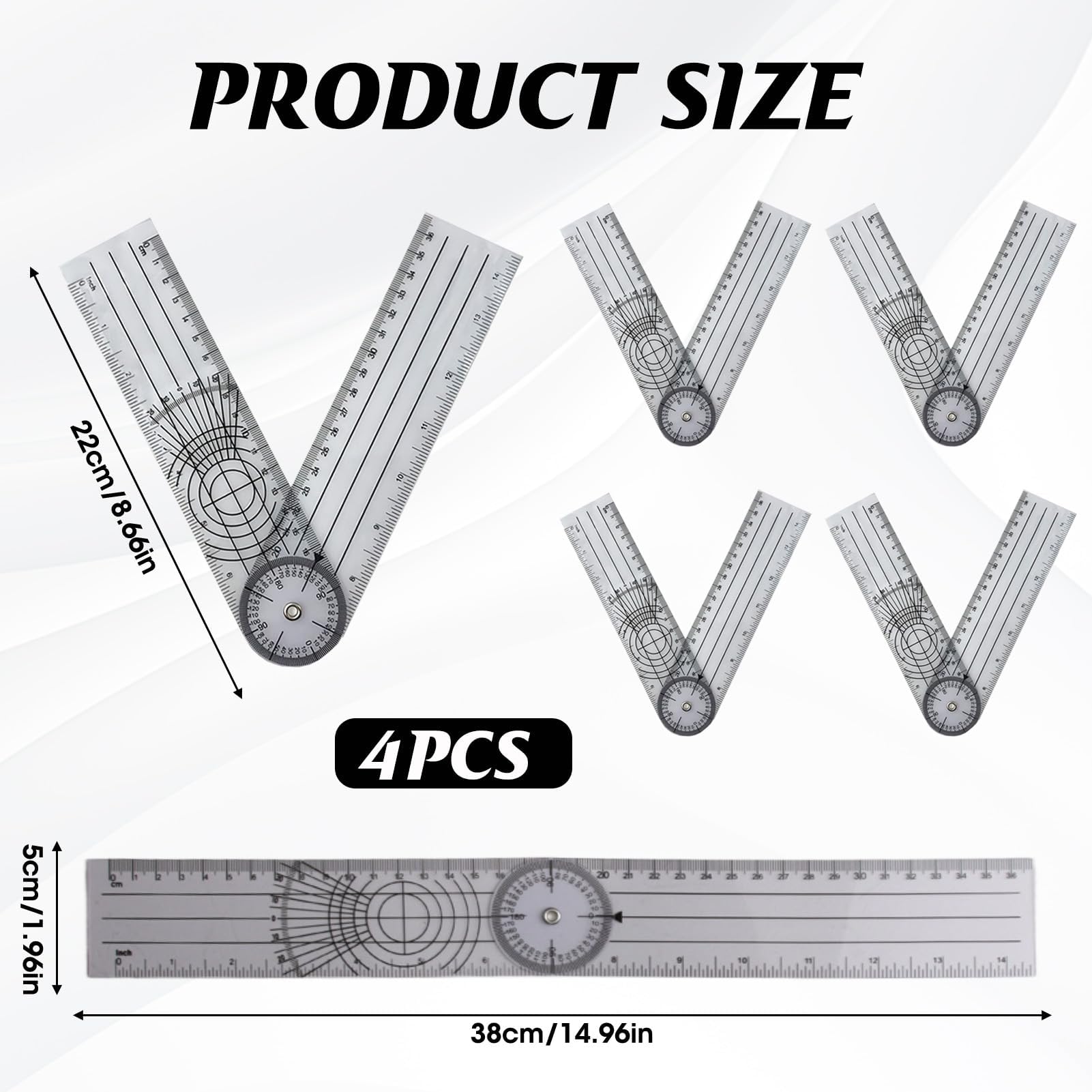 4 Pezzi Goniometro Ortopedico per Fisioterapia 360 ° PVC,Facili Da Uso Quotidiano Della Cartografia Per Famiglie e Studenti CM/Inch,Trasparenti e Resistenti