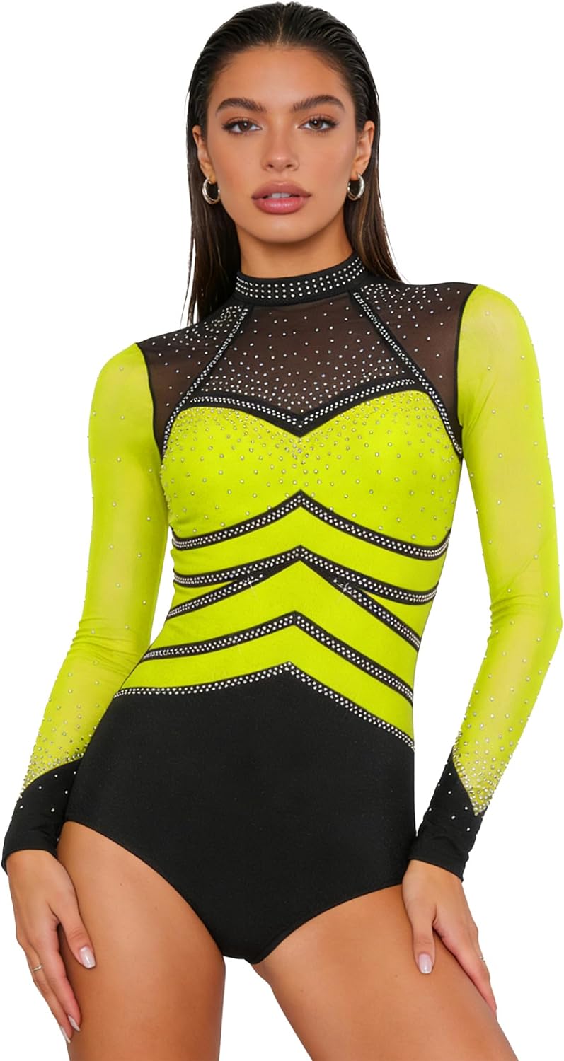 JEYPINMI Gymnastics Leotards for Women Long Sleeve Sparkly Rhinestone Dance Ballet Unitards for Practice