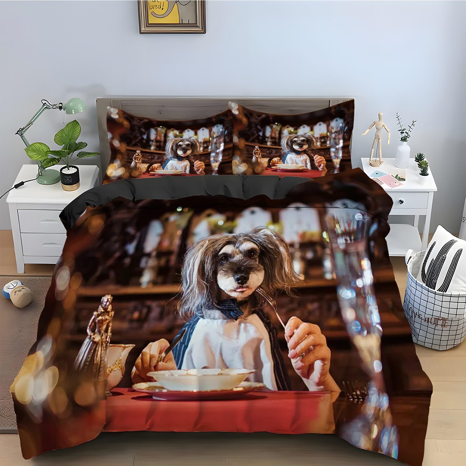 Housse de couette 200x200 chien à crête en microfibre douce avec 2 taies d'oreiller