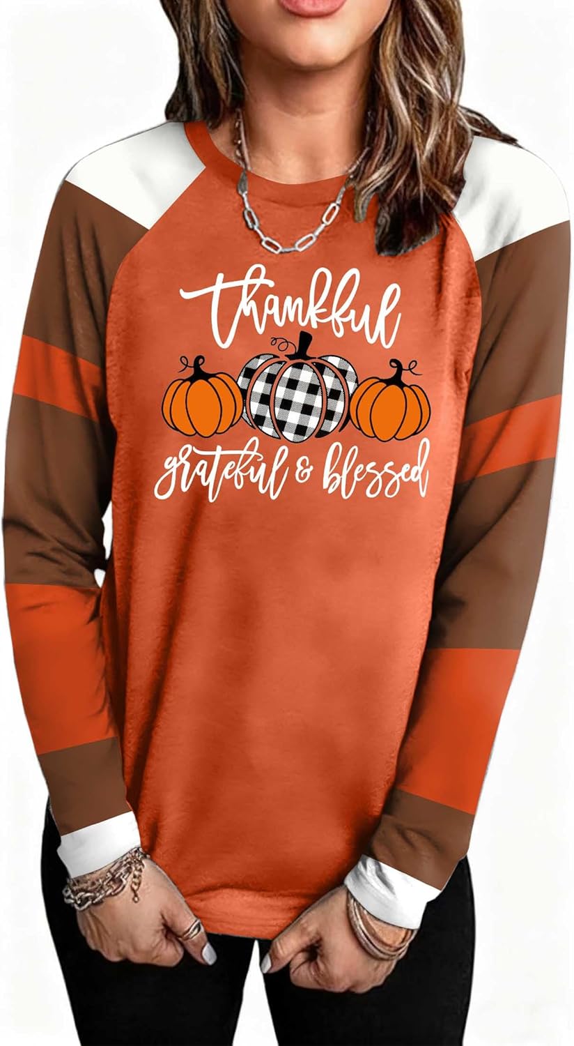 Thanksgiving Shirts for Women: Thankful Pumpkin Graphic T-Shirt Casual Turkey Fall Long Sleeve Tee Tops - Image 2