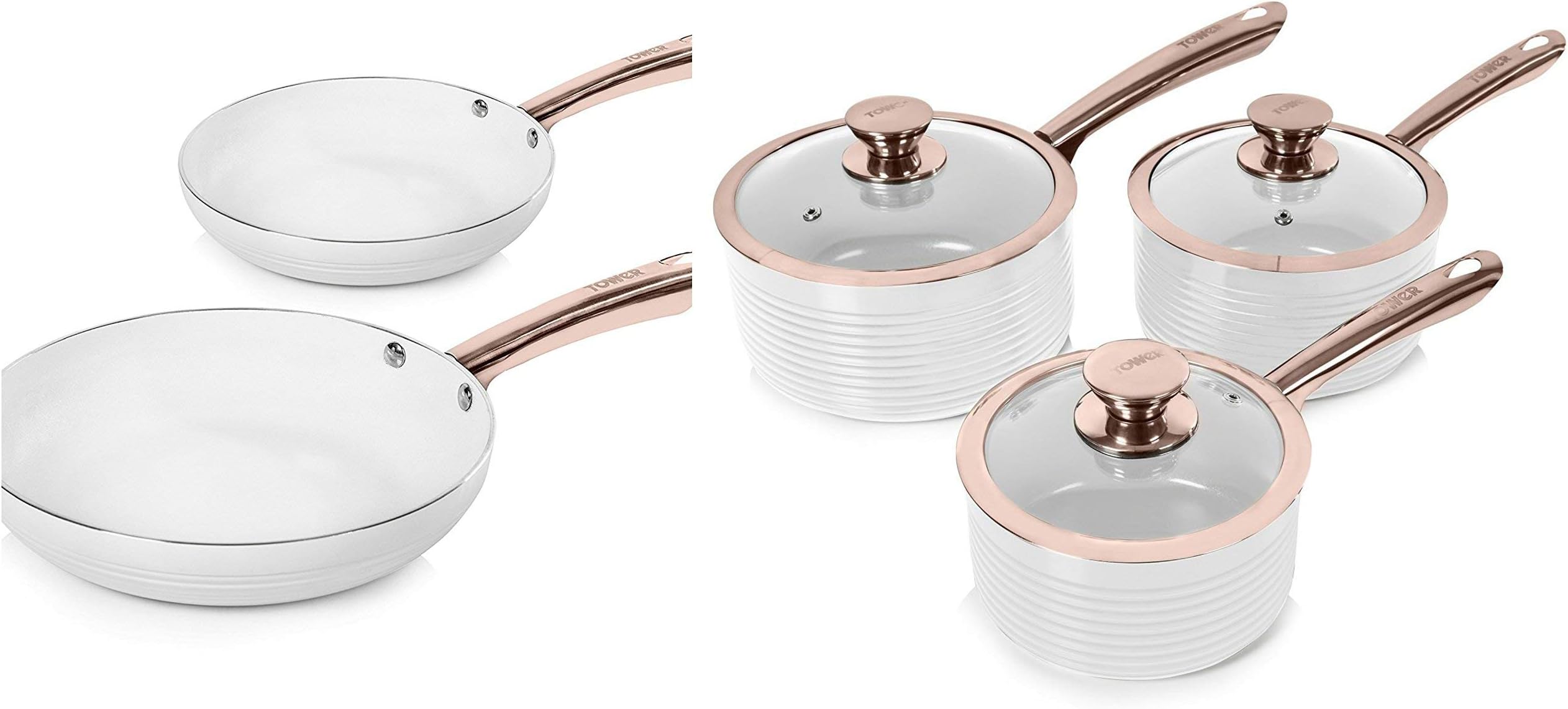 Tower White and Rose Gold Linear 5 Piece Saucepan & Frying Pan Set with Non-Stick Ceramic Inner Coating