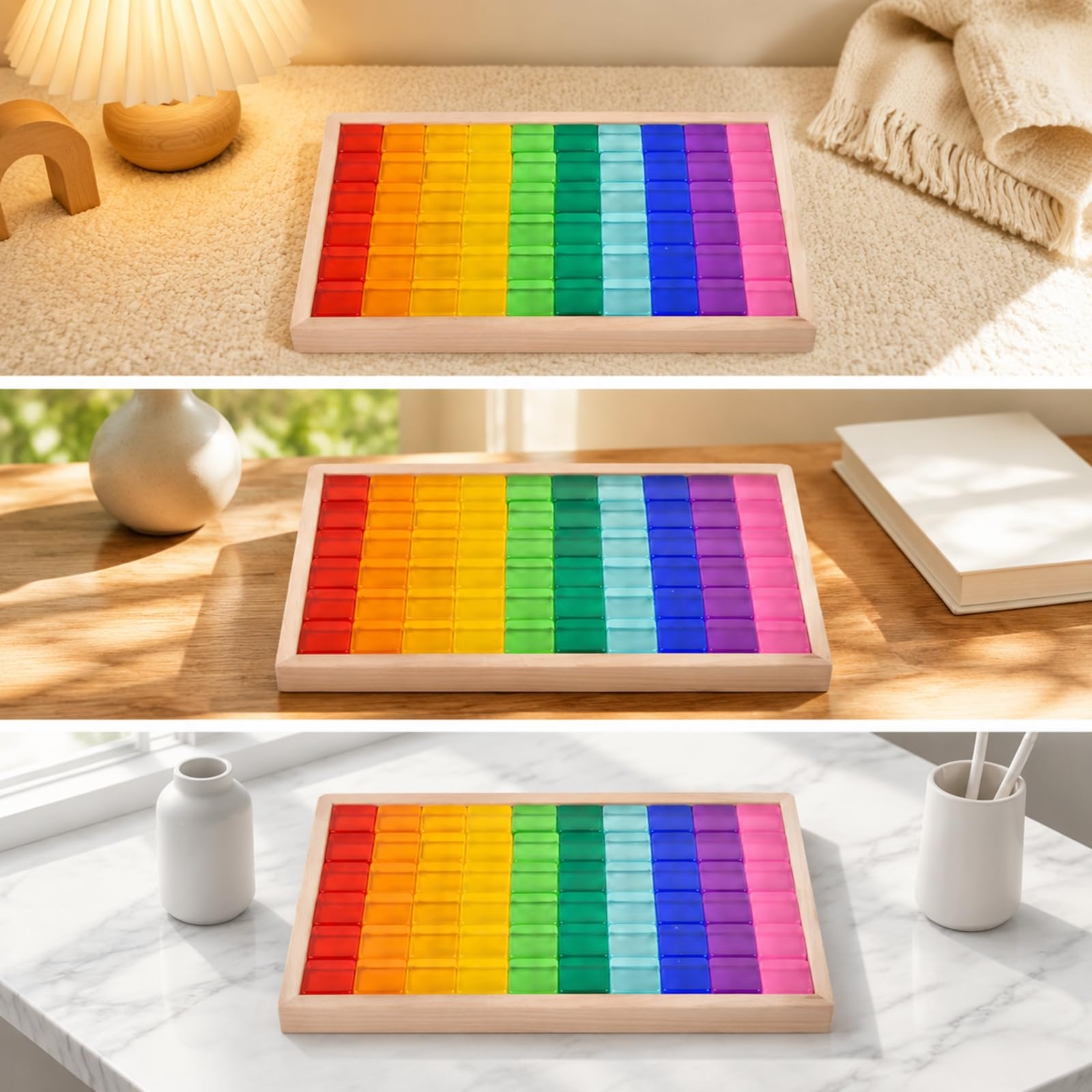 60 Pezzi Mattoncini da Costruzione Colorati Traslucidi con Contenitore di Legno per La Pulizia Giocattoli Manuali Non Elettrici per La Creatività, Stile B