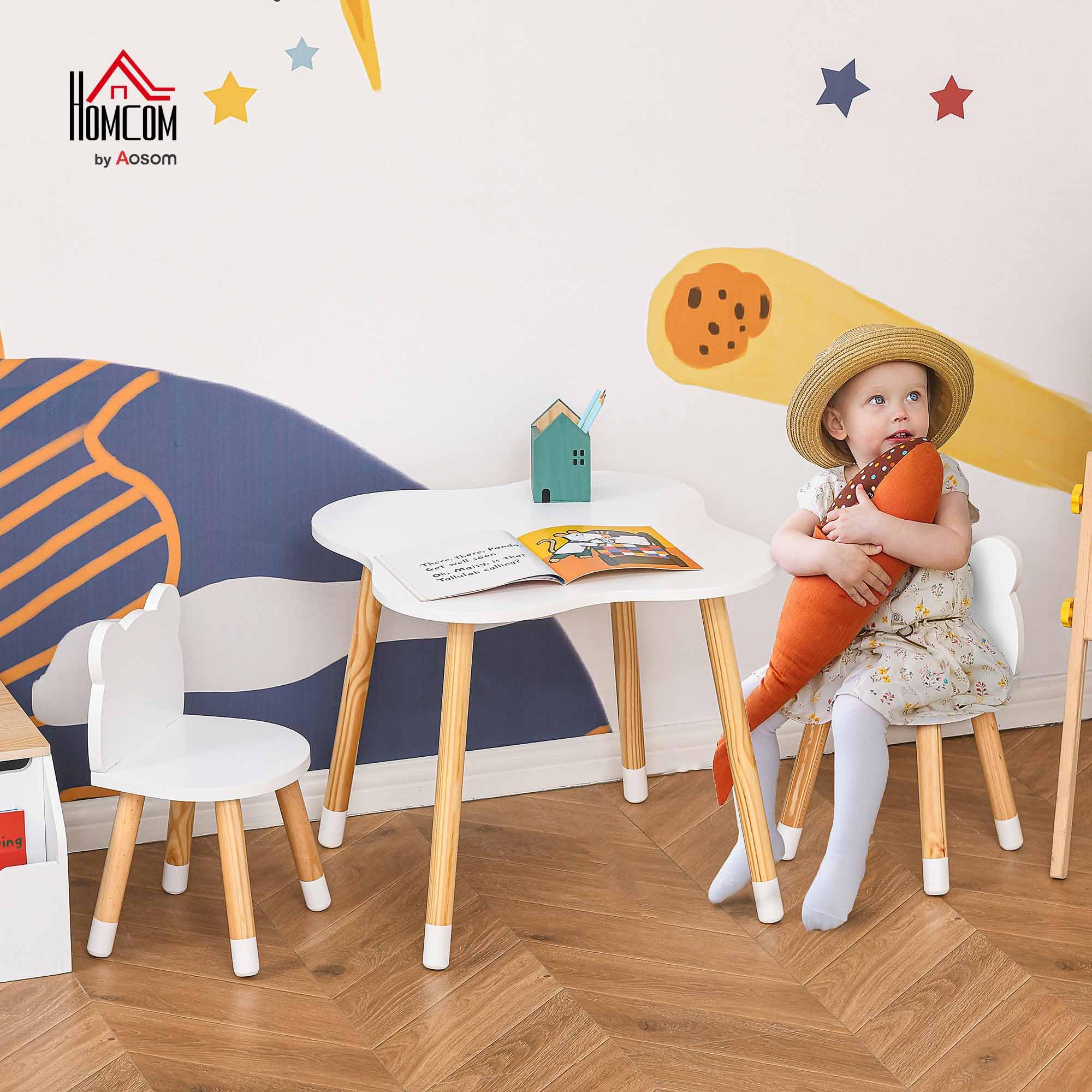 HOMCOM Ensemble Table et chaises Enfant Design scandinave Motif Ourson Bois pin MDF Blanc