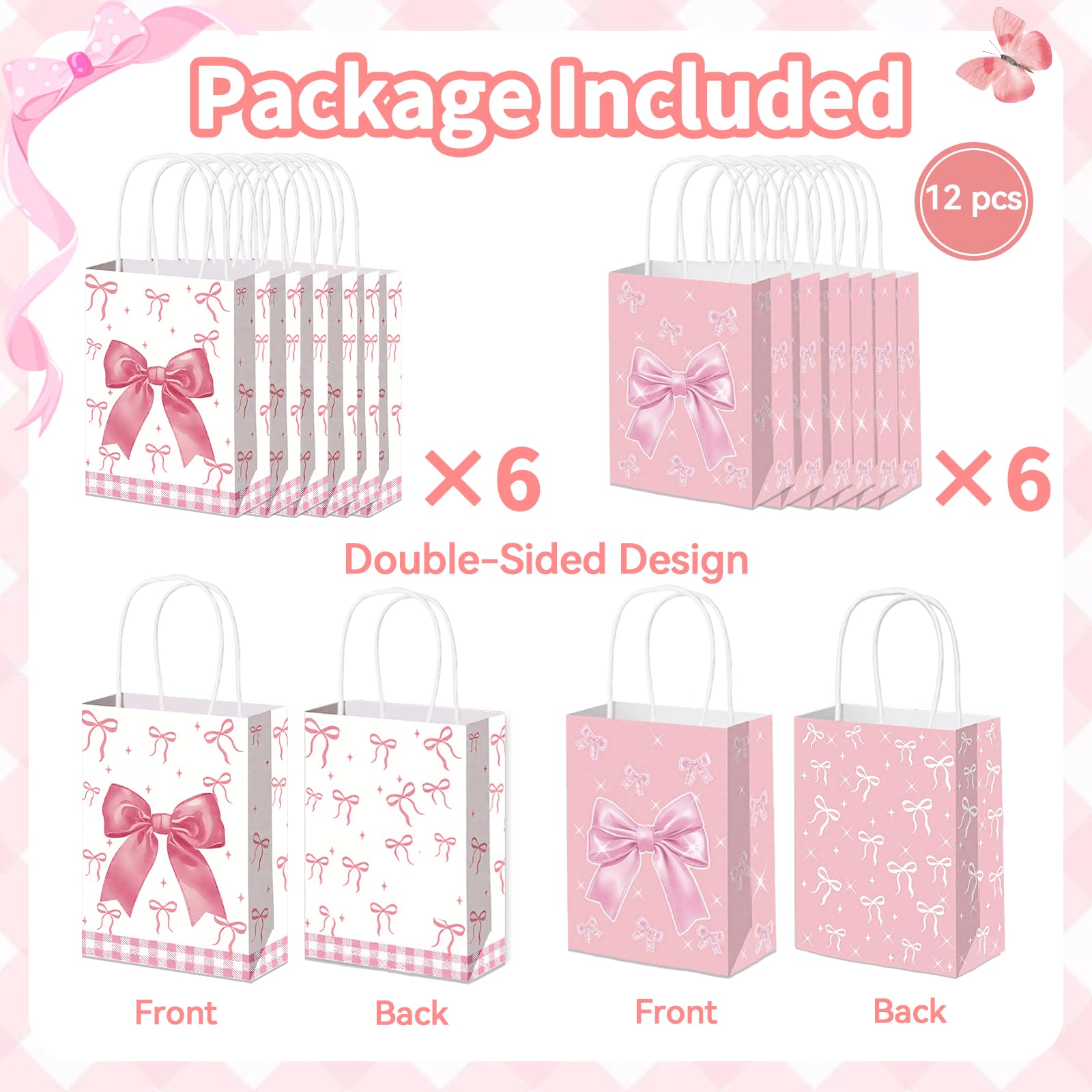 12pcs Pink Bow Gifts Bags with Handles, Small Gifts Bags Medium Size for Birthday Baby Shower Bachelorette, Pink Goodie Pouch for Candy Favors Treats Coquette Paper Pouch Party Supplies