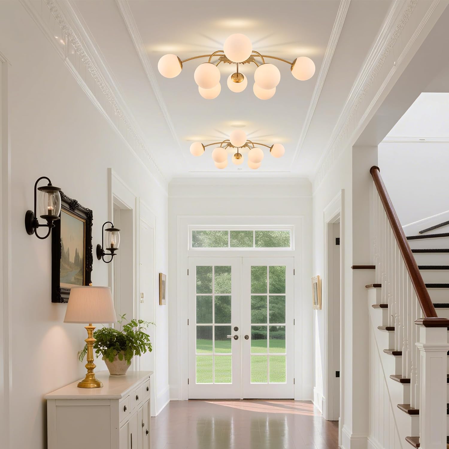 8-Light Gold Sputnik Semi Flush Mount Ceiling Lights, 32.9 in. Mid Century Glass Bubble Sunburst Chandeliers Light Fixture Milk Glass Blossom Accent for Dining Bedroom Entry