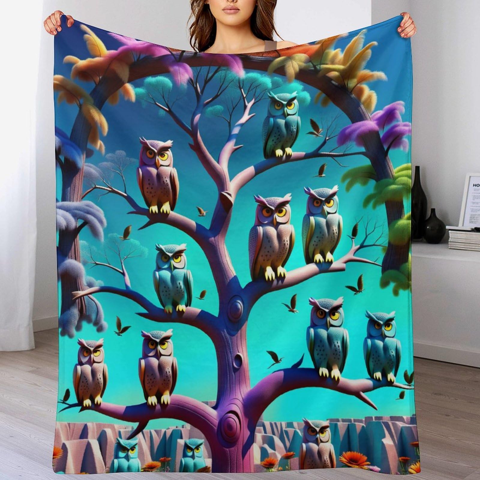 Couverture polaire pour canapé plaid douillet hibou pour soirée cinéma