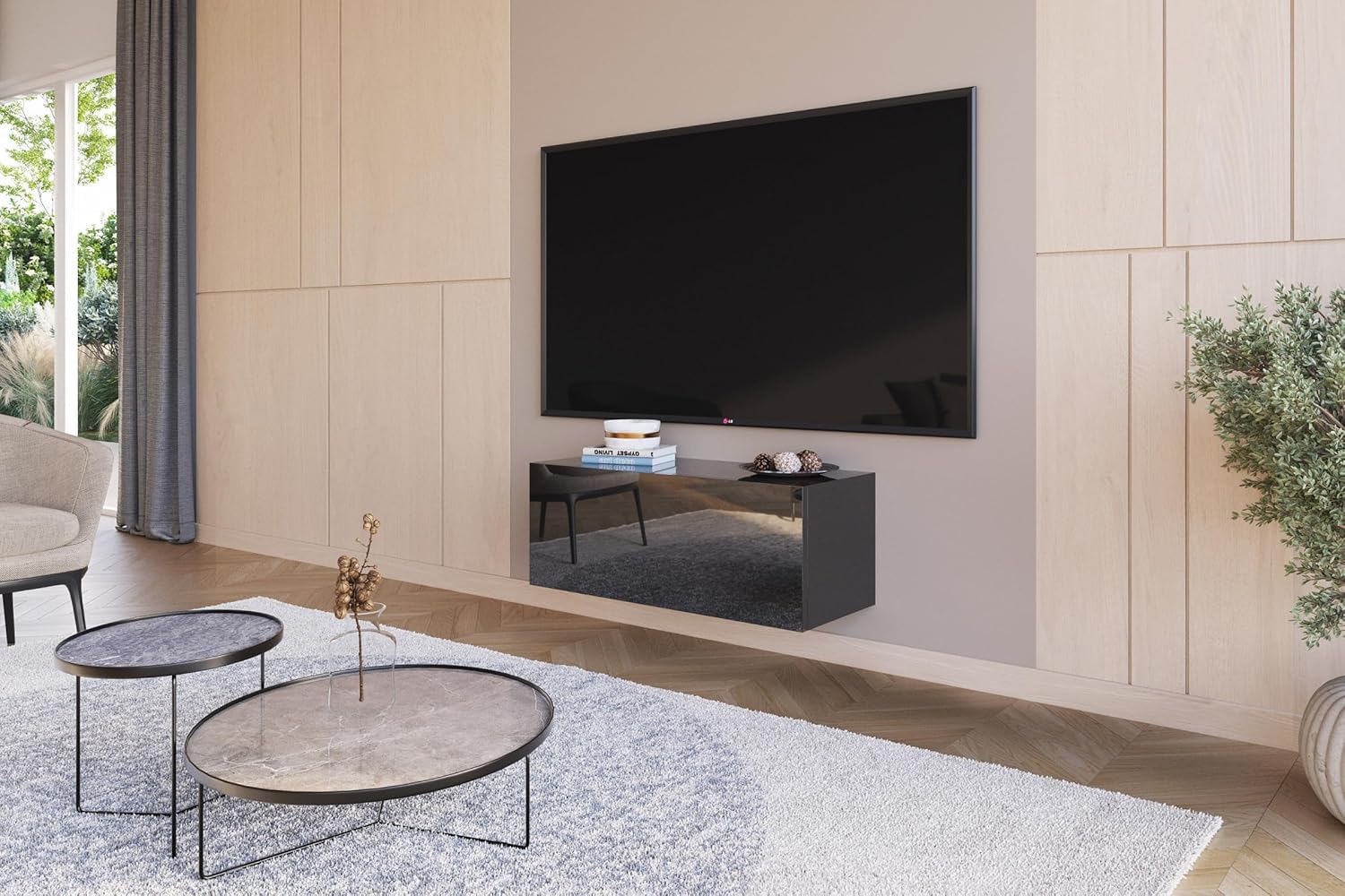 Nero Lucido Mobile TV Sospeso 90 cm Supporto tv Parete Attrezzata Soggiorno Moderno Pannello Porta TV per Camera Salotto Ingresso Moderna Armadio a Muro Credenza