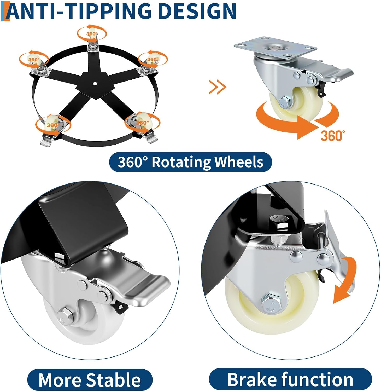 GarveeTech 55 gal Drum Dolly,1250 LBS Load Capacity Barrel Dolly with 360° Swivel Casters Wheel & Cross Braces,Barrel Cart with Brake,Non Tipping Dollies for Warehouse Drum Handling