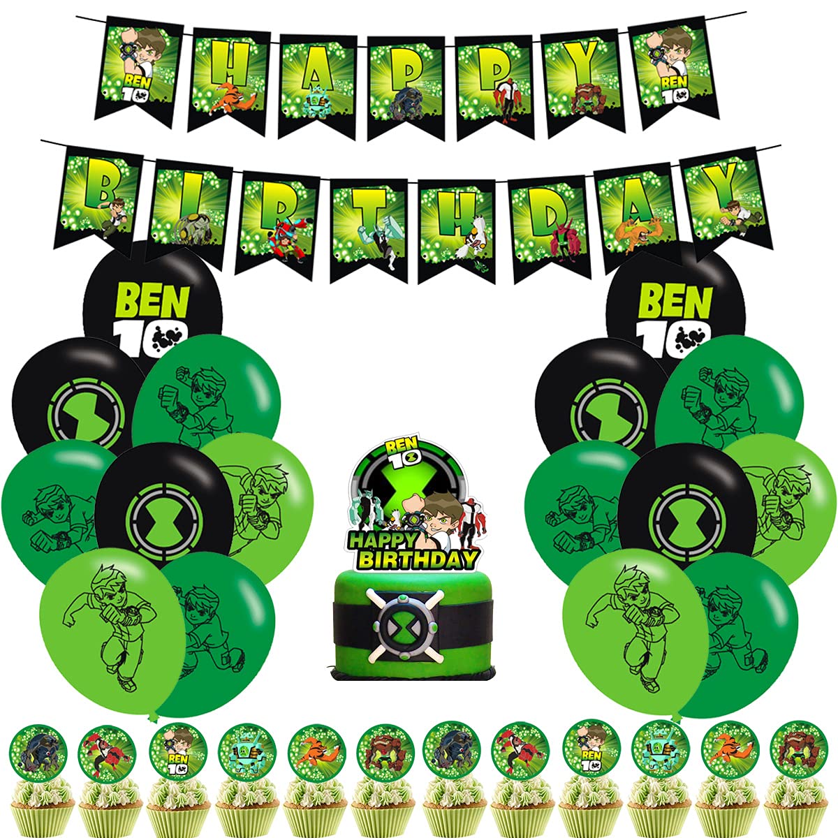 Birthday Party Supplies - Ben10 Birthday Party Decoration Includes Happy Birthday Banner,Balloon,Cake Toppers Ben10 Party Supplies