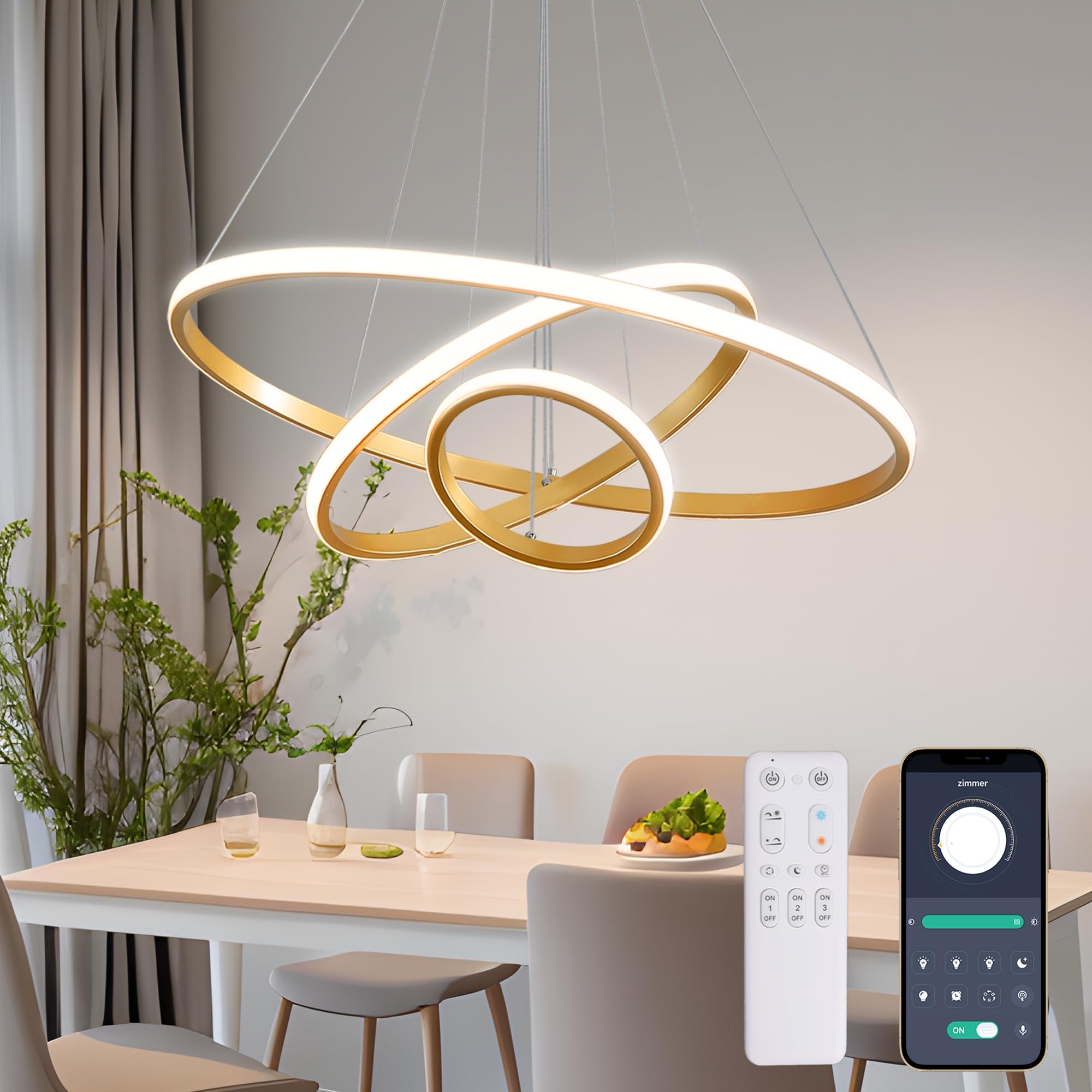 180CM Lampara Techo Colgante, LED Lamparas Comedor, Regulable Lampara Colgante Cocina 3000k-6000k, 3 Anillos Φ 60+40+20cm, Modernos Candeeiro Teto Suspenso Lámpara Colgantes Salon, Isla