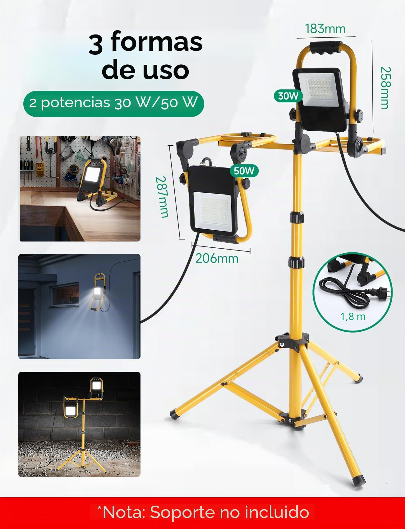 Aigostar Foco de Trabajo LED 30W 2700LM Foco LED Portátil con Enchufe, IP65 Impermeable Soporte plegable, para Uso en Interiores y Exteriores, para Obra, Taller, Garaje,6500K, 4 pcs（Sin soporte）