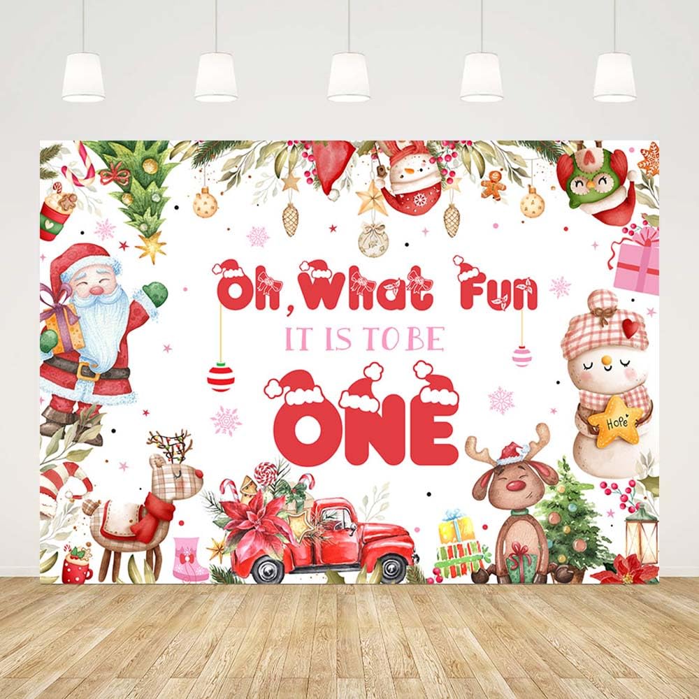 AIBIIN 7x5ft Winter Christmas 1st Birthday Backdrop for Girls Oh What Fun It is to Be One Background for Photography Santa Claus Snowman Gifts