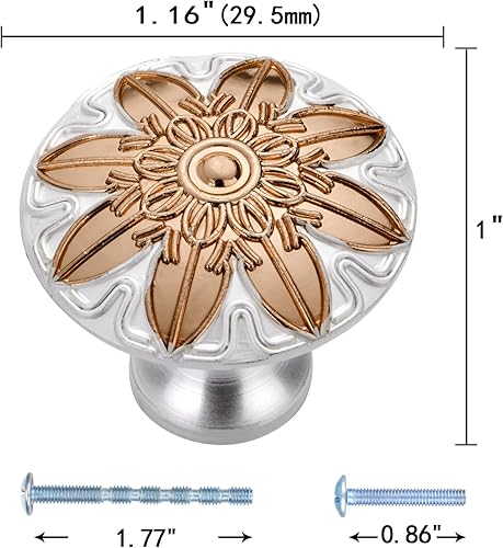 Miniatura 2 de Paquete de 10 pomos redondos de oro blanco marfil de 1.16 pulgadas, pomos bohemios para muebles de casa, aspecto decorativo de flores, pomos de