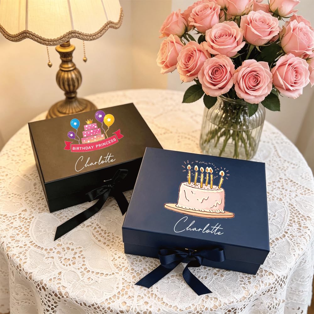 Custom Gift Box with Name/Logo/Photo/Text, Personalised Empty Magnetic Gifts Box with Ribbon Finish, for Valentine's, Birthday, Mother's Day, Christmas, Wedding, Easter