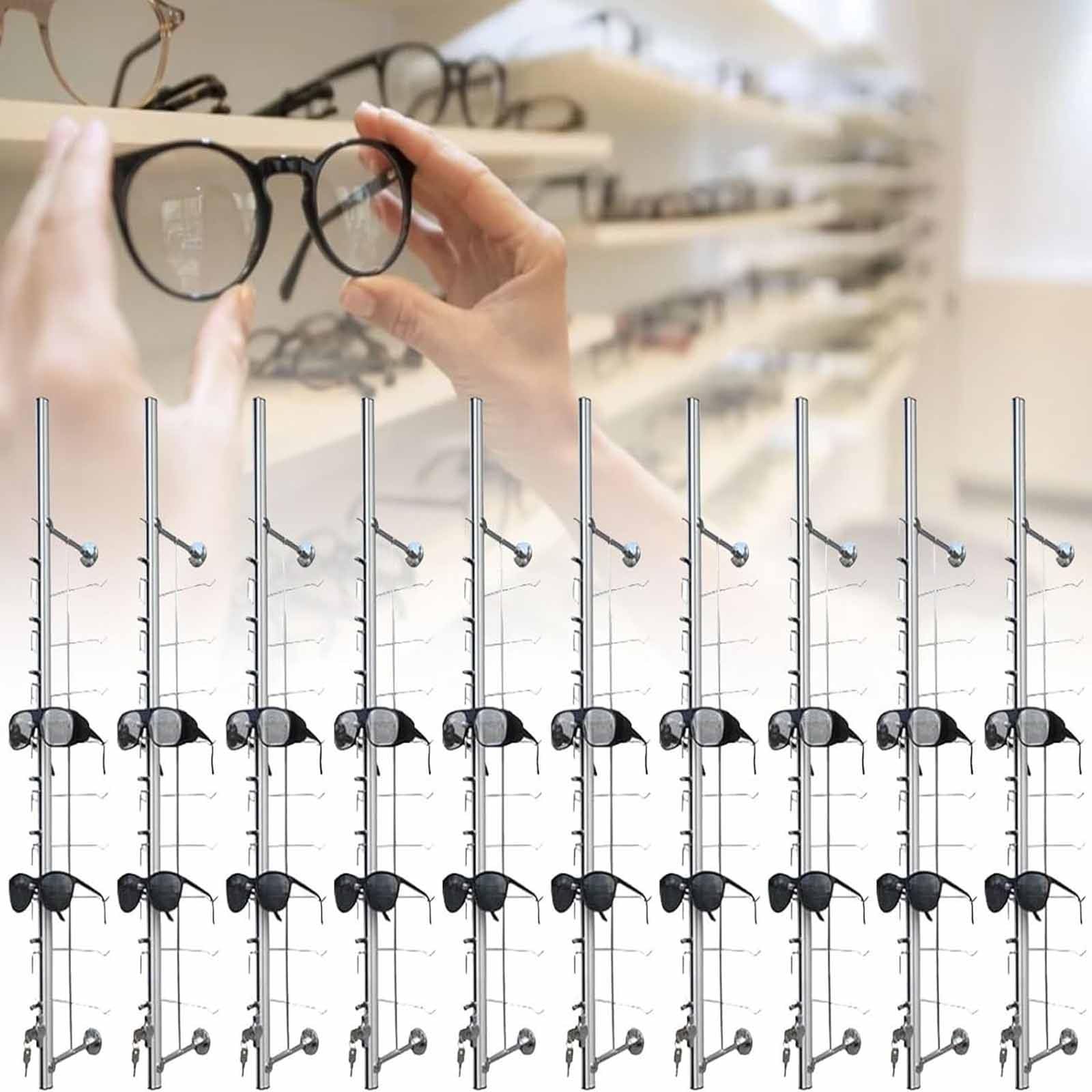 Soporte de exhibición de gafas, estante de aluminio para múltiples gafas de sol, uso en tiendas ópticas y centros comerciales, soporte seguro con cerradura