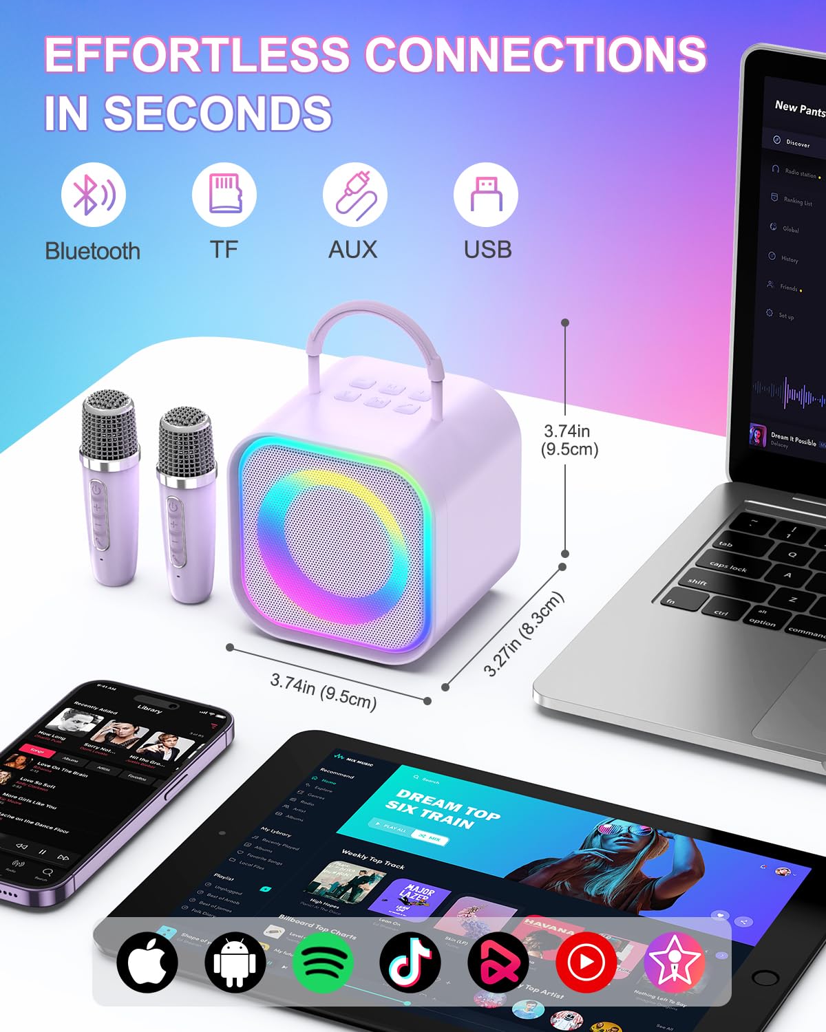 Mini máquina de karaoke, altavoz portátil de karaoke Bluetooth con 2 micrófonos inalámbricos, luces LED de fiesta, compatible con efectos de voz mágicos y entrada TF/AUX, para niños, adultos 4