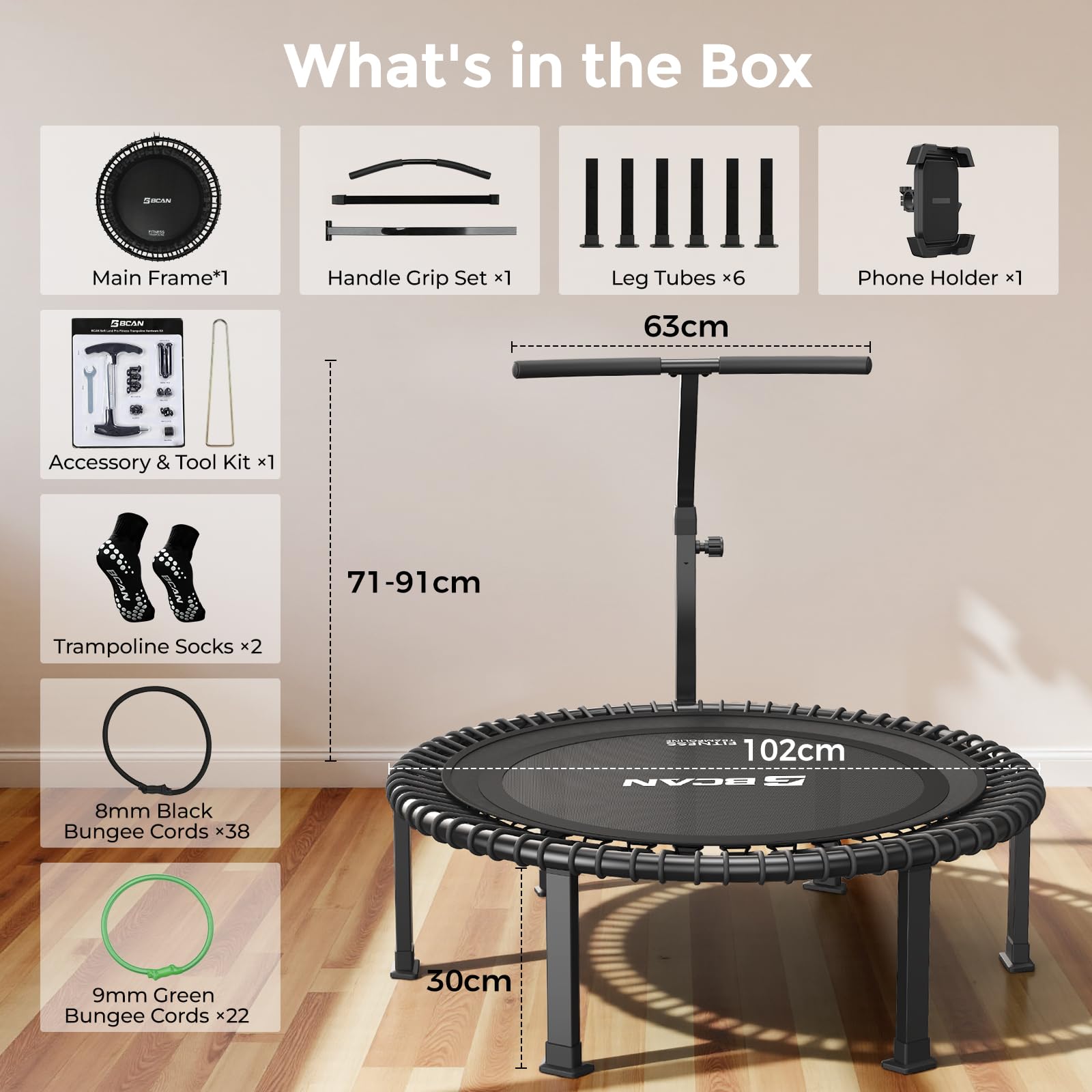 B BCAN BT4 - Cama elástica elástica suave para adultos de 102 cm, capacidad de 227 kg, cuerdas elásticas de tensión ajustable, marco de una sola pieza (calibre 16), soporte para teléfono y 2 pares de
