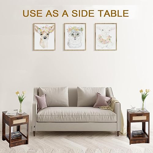 Miniatura 2 de Mesita de noche de ratán, mesa auxiliar de ratán, juego de 2 mesitas de noche con cajón de ratán, con cajón de almacenamiento y estante de apertura,