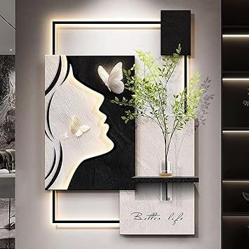 FQWYNMZ 3D Wall Sculptures Hanging, Creative Wall Art Decor with Glass Vase and Fake Plants, Illuminated Walls Sculpture, Decorative Relief Mural with Remote ControlBeige,40x60cm/16x24in