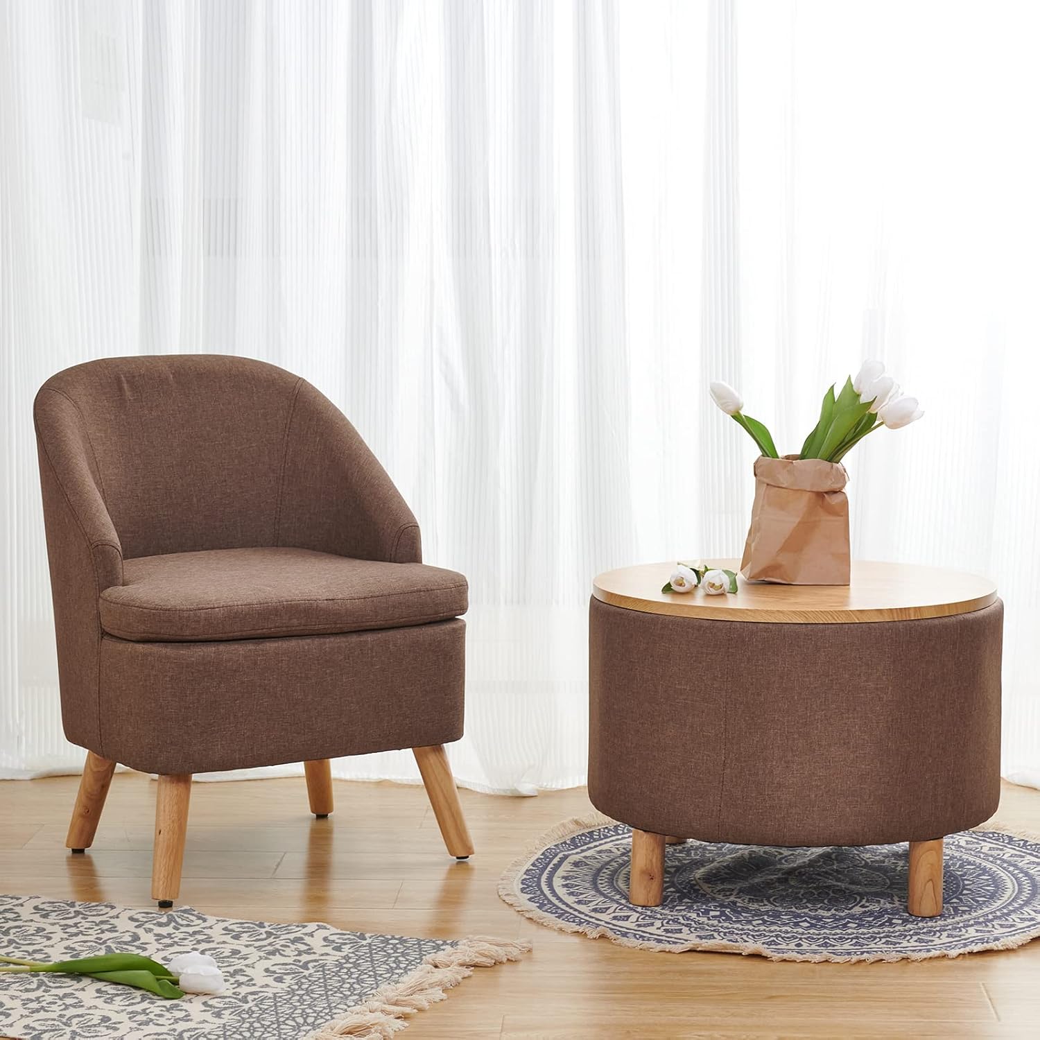 Cute Upholstered Accent Club Coffee Chair with Barrel Style, Cotton Linen Like Fabric Round Single Sofa for Wooden Leg Living Room Bedroom, Large