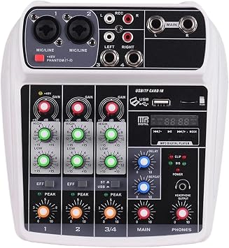 Sound Mixer Sound Card Mixing Console Digital Audio Mixer 4 Channel BT MP3 USB Input + 48V Phantom Power Webcast Mixer Color White, Size One Size