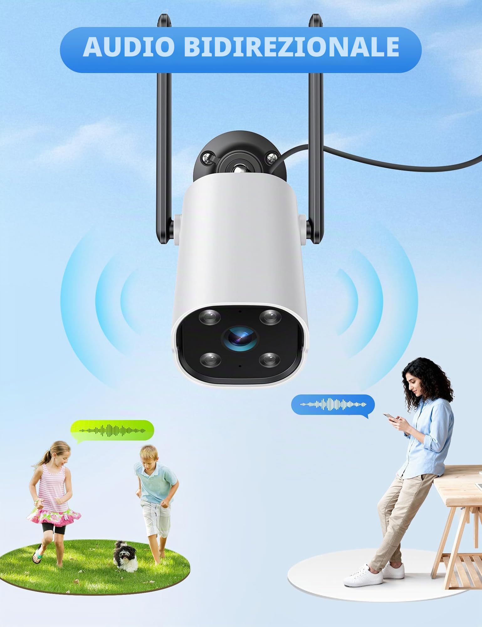 WOLFANG 2K Telecamera Wi-Fi Esterno, Videocamera Sorveglianza con Rilevamento AI, Visione Notturna a Colori 15m, Impermeabile IP65, Audio a 2 Vie, Compatibile con Alexa/Google, 2.4G, Confezione da 2