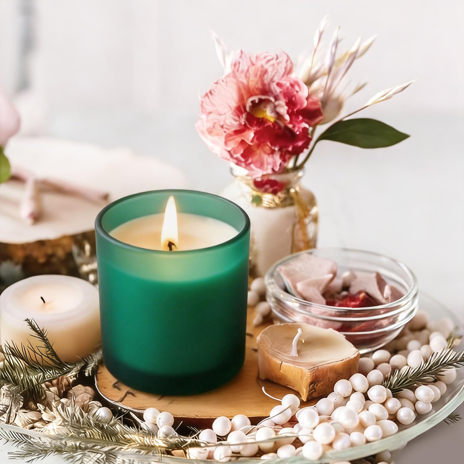 COYACOOL 12 tarros de velas para hacer velas, tarros de vidrio vacíos de 10 onzas de grosor con tapas de bambú, a granel, verde esmerilado