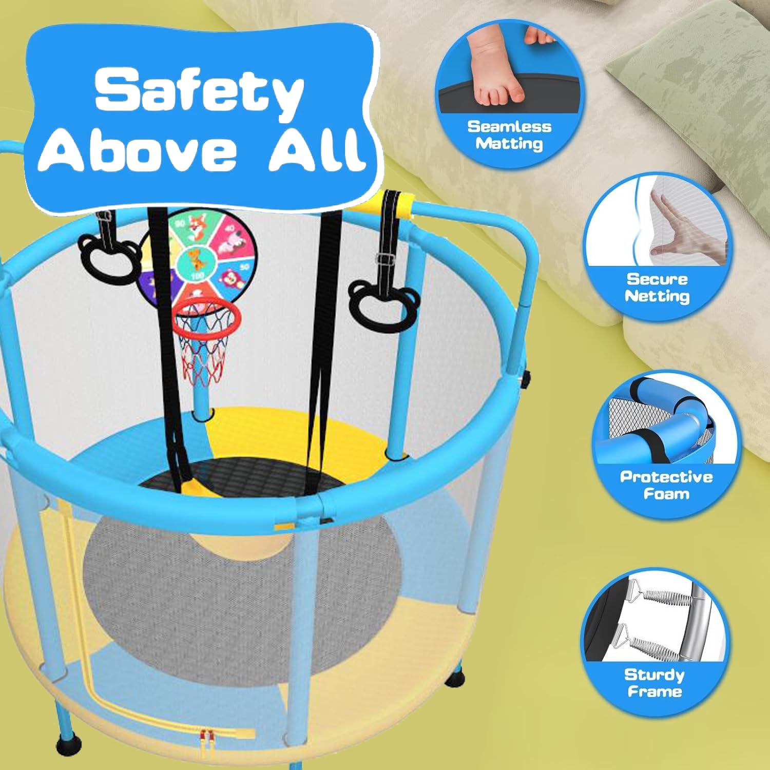 Trampolino PILIN 4 In 1 Per Bambini - Con Altalena, Canestro E Rete Di Sicurezza, Per Interno Ed Esterno - Foto 11