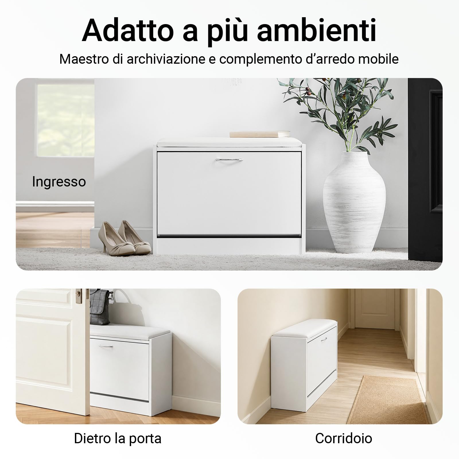 SoBuy Scarpiera Ingresso Panca Contenitore con Cuscino - Salvaspazio Slim da 60x30x48 cm - Cassapanca Porta Scarpe in Legno per Corridoio o Camera, Portata 120kg - FSR16-W