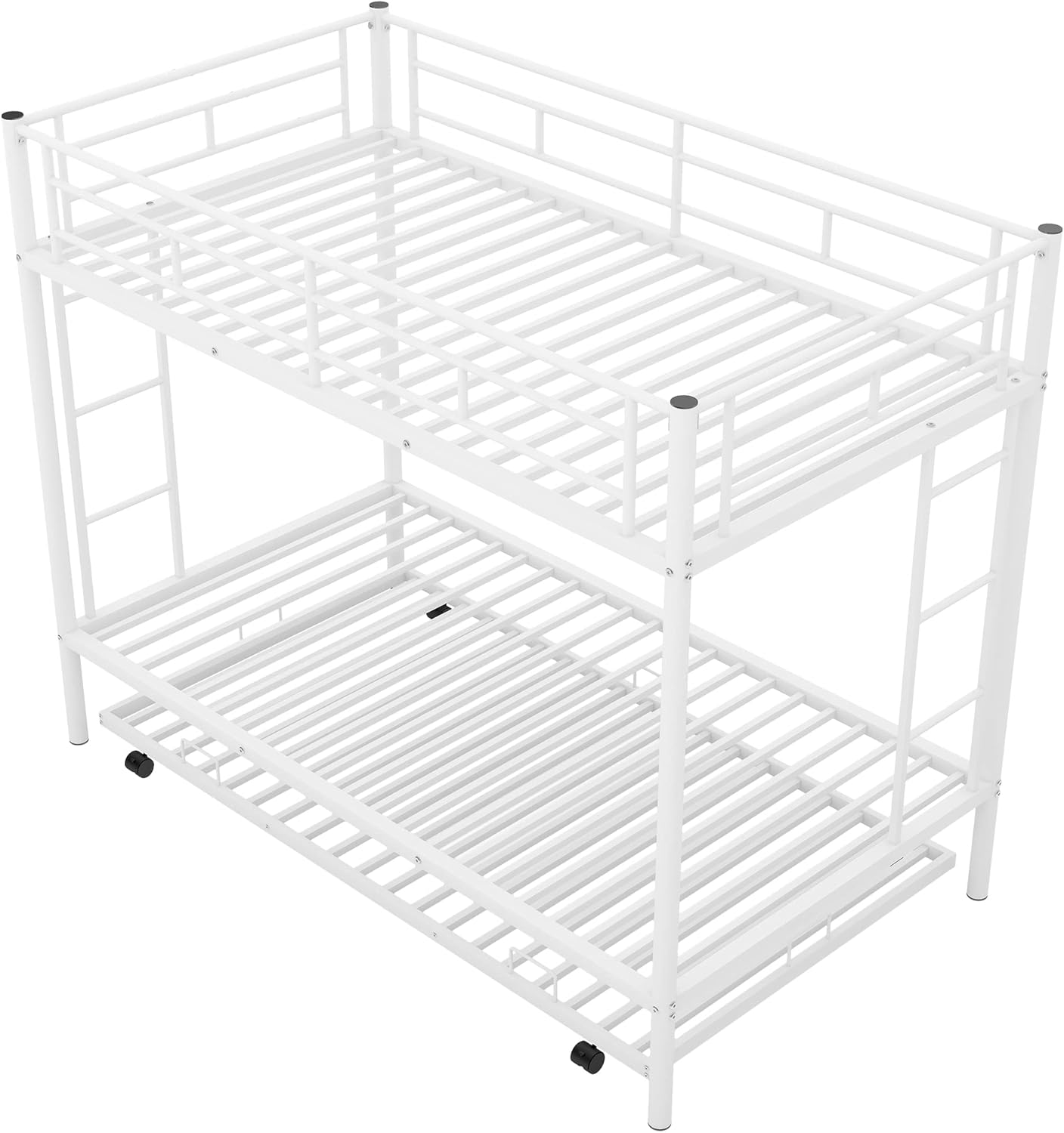 Knocbel Twin Over Twin Bunk Bed with Trundle Two Ladders, Metal Bed Frame for Bedroom Spring Box No Need, Easy to Assemble, 78.1" L x 80.4" W x 62.3" H, White