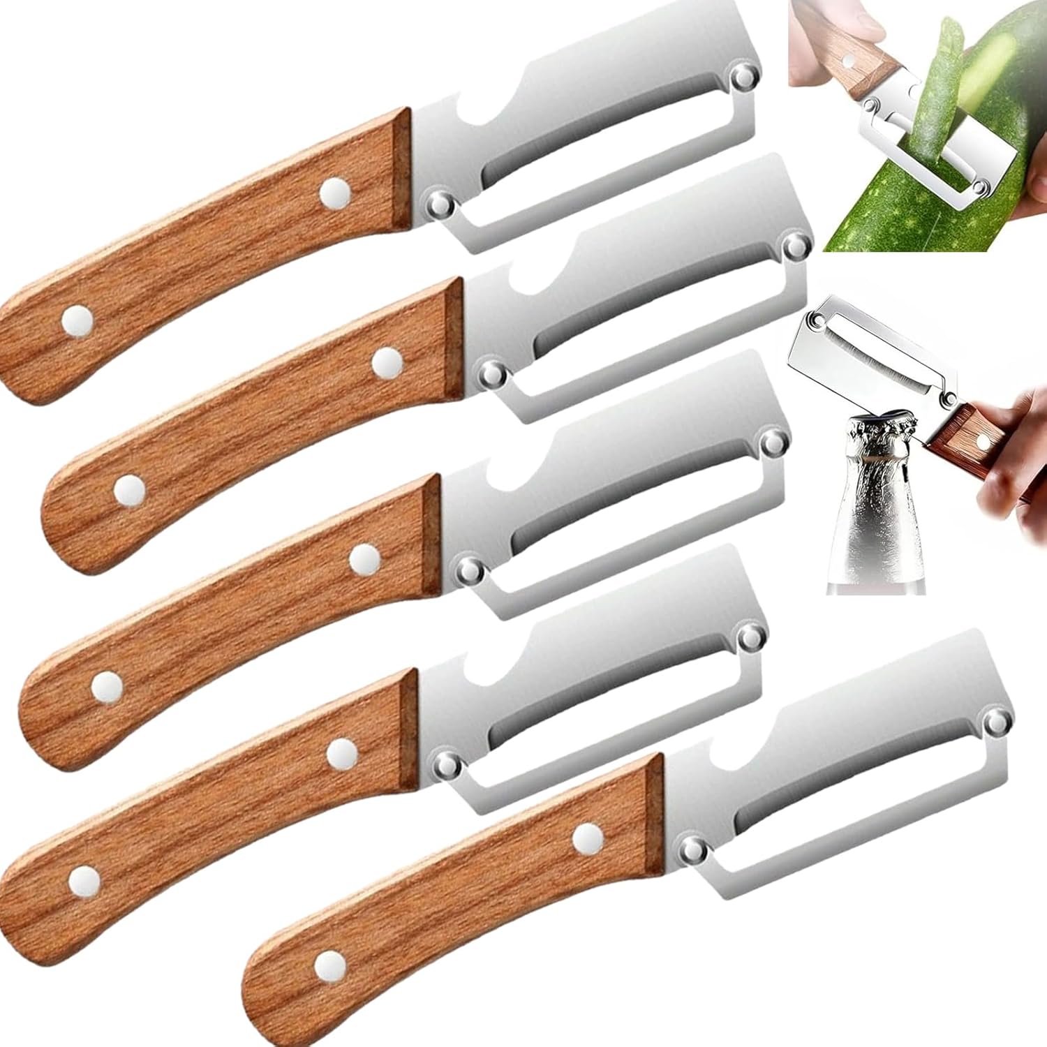 2026 New Zero Snag Wooden Kitchen Tool, Multi-Functional Vegetable Peeler for Kitchen, with Wooden Handle and Bottle Opener, Ultra-Sharp Stainless Steel Blade for Fruit Apple Potato (5pcs)