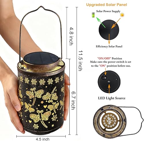 Miniatura 7 de Faroles solares de libélula actualizados 2025 para exteriores, impermeables, luces colgantes, linterna solar de metal hueca para jardín, patio,