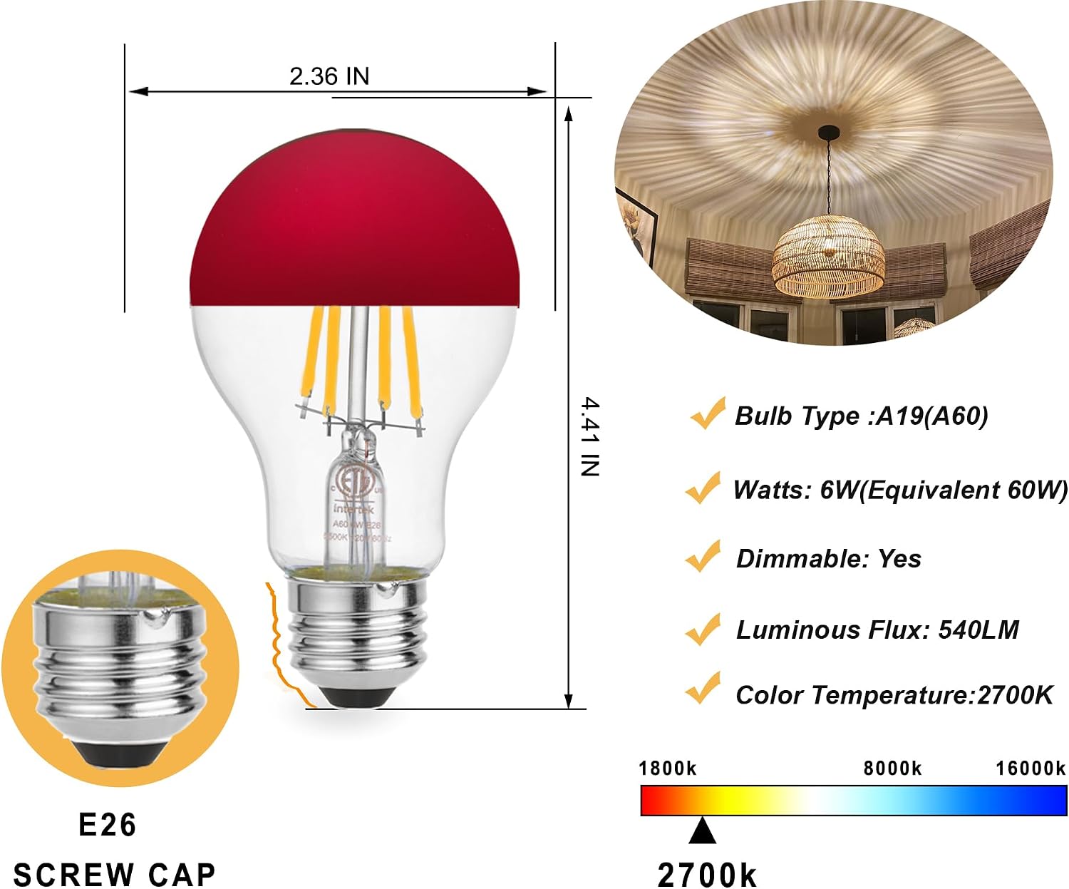 Half Chrome Light Bulbs,Half Red Tipped Dimmable 6W (Equivalent 60Watt) LED Ediosn Light Bulbs,Soft White 2700K,A60/A19 Shape Anti-Glare,Decorative Mirror,CRI 90+ E26 Base (Pack of 2)