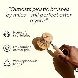 Vove Dish Brush Bundle - FSC-Certified Bamboo Dish Brush & Scrub Brush, 3 Replacement Heads - Natural Fiber Bristles - Non-Toxic, Plastic-Free Kitchen Set