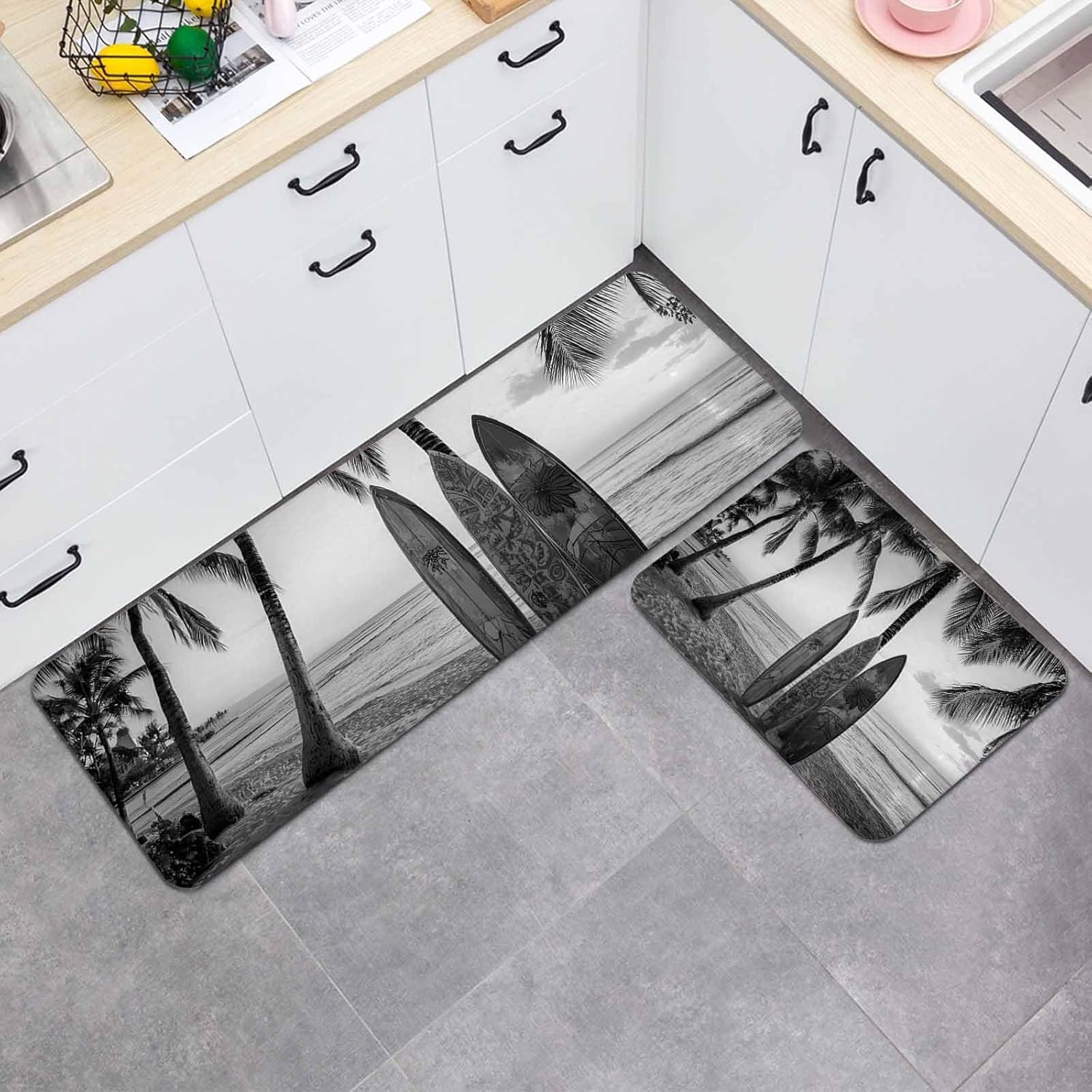 Prime Leader Summer Beach Surf Kitchen Mat Set 2 Pieces Palm Trees Black and White Surfboard Seaside Non Slip Kitchen Rugs Washable Runner Rug Mats for Sink Laundry (15.7" x 23.6"+15.7" x 47.2")