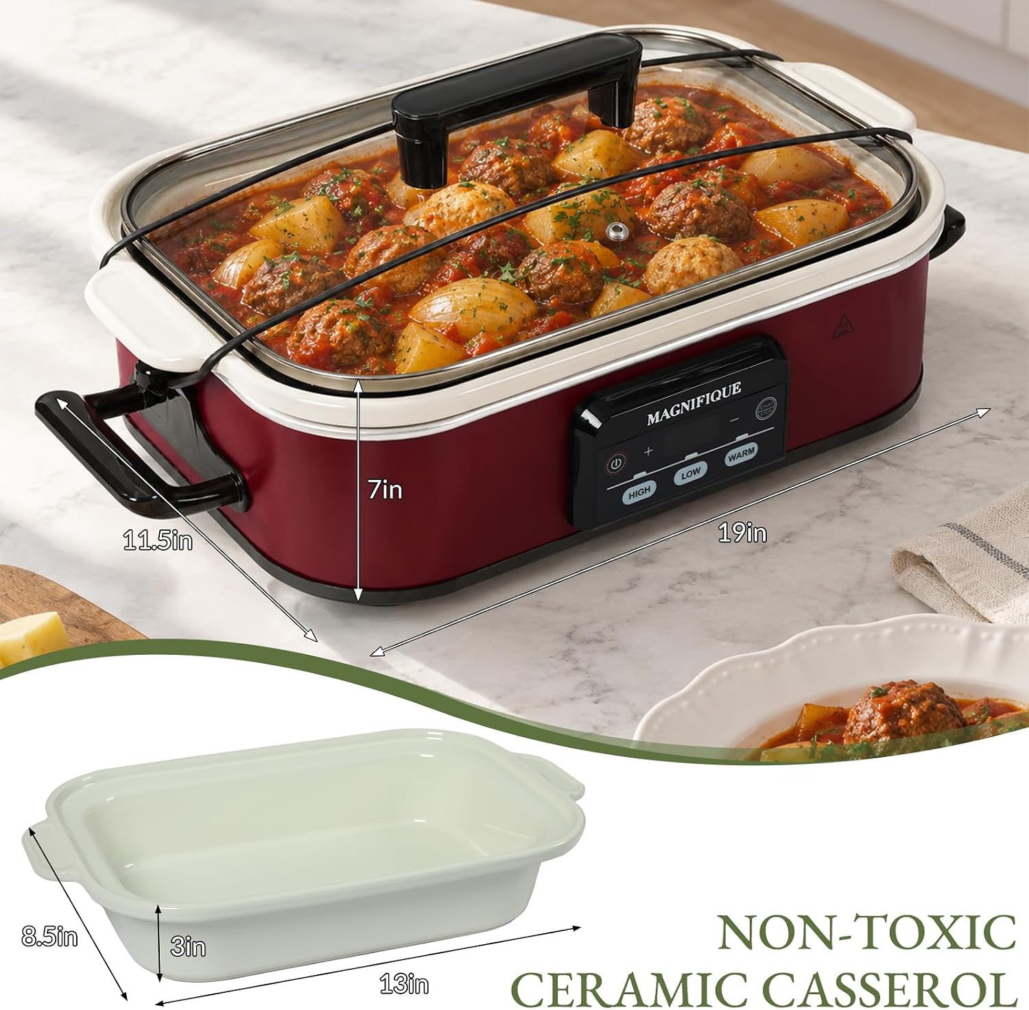 4 Quart Programmable Slow Cooker, Digital Slowcooker with Low, High & Warm Settings, Removable Ceramic Pot, Dishwasher Safe, Clip-Tight Sealed Tempered Glass Lid (Red) thumbnail