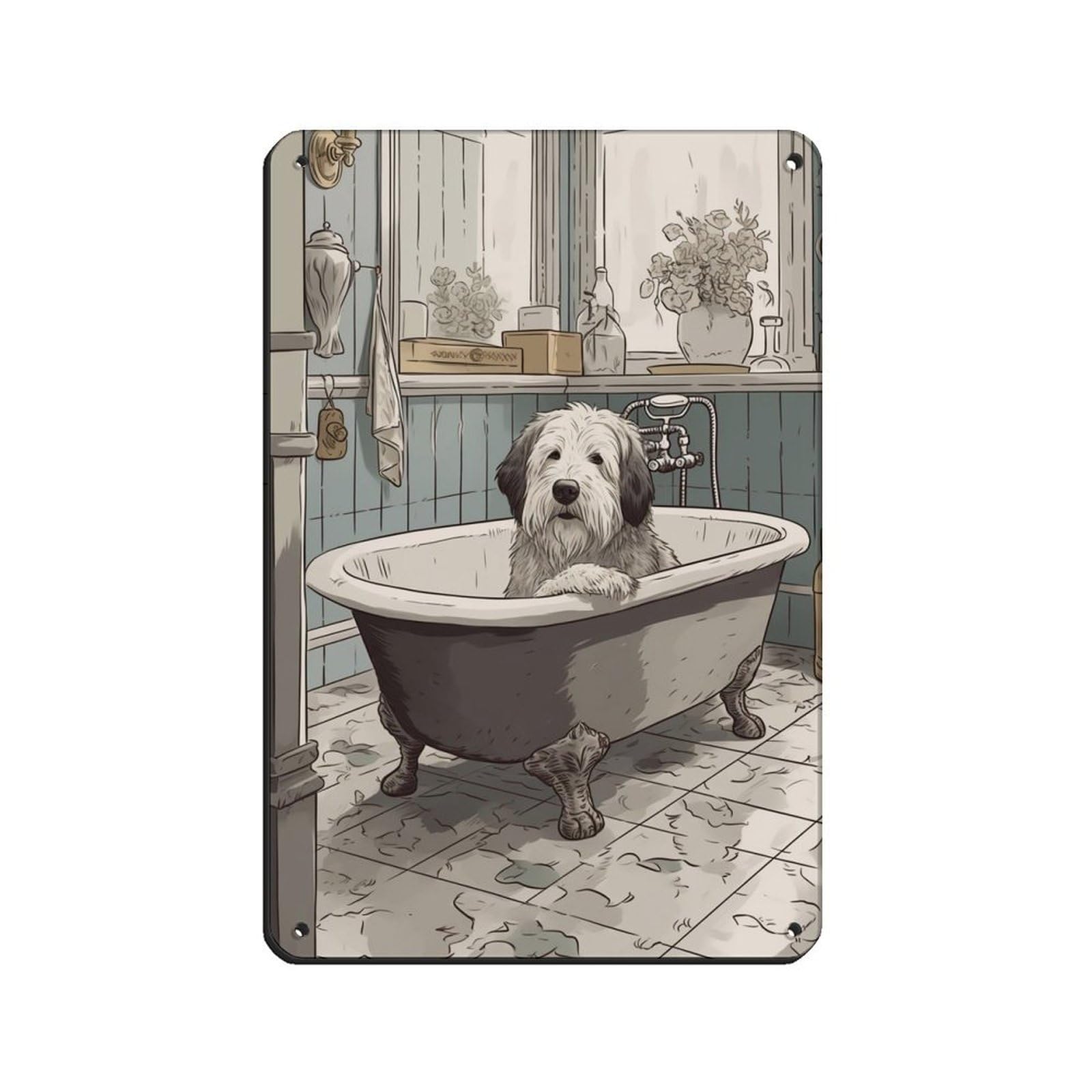 Old English Sheepdog in Bath, Bathroom Art Retro Poster Metal Tin Sign Chic Art Retro Iron Painting Bar People Cave Cafe Family Garage Poster Wall Decoration 8x12inch(20x30cm)