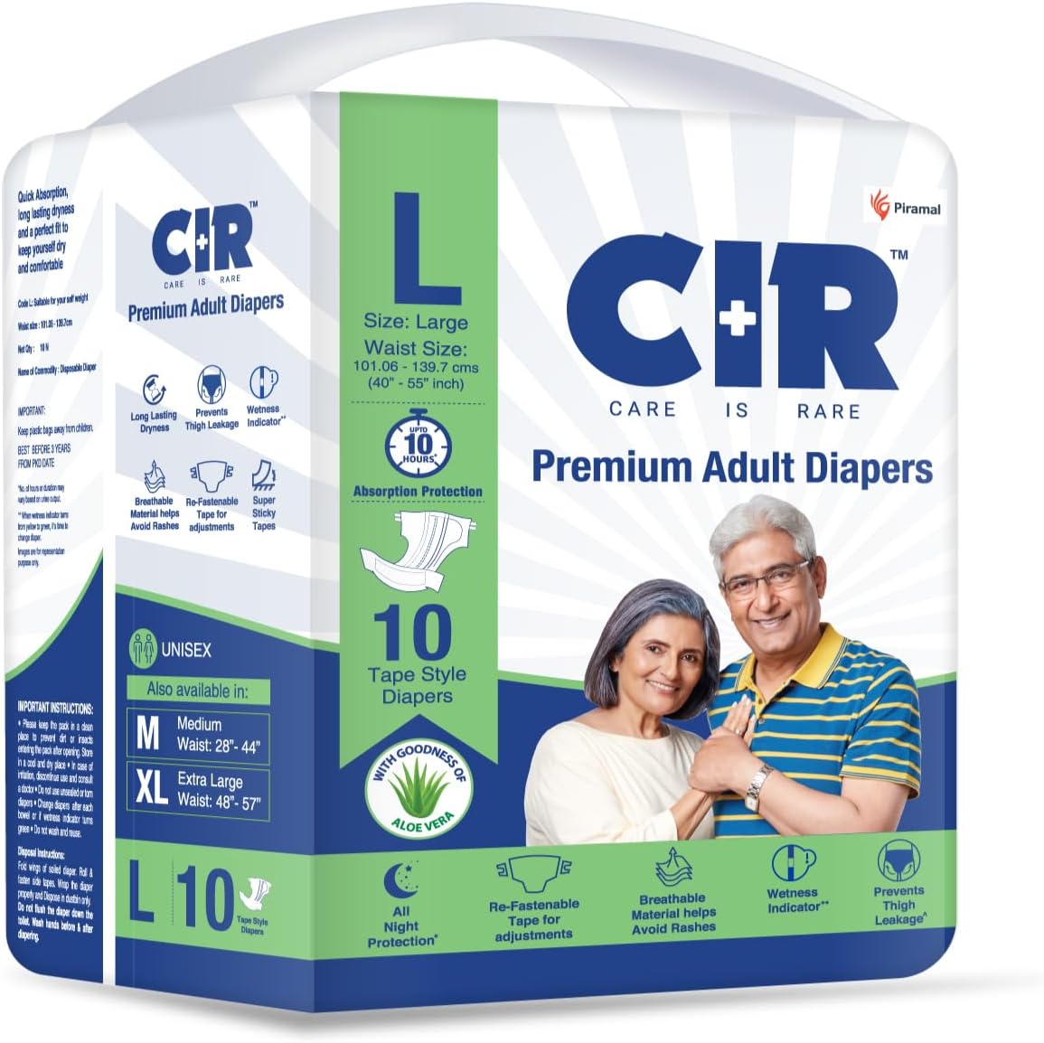 CIR Unisex Premium Adult Diaper-Tape Style All Night Protection With Aloe Vera Large(L) Size Waist(101-140Cm 40"-55") 10 Units