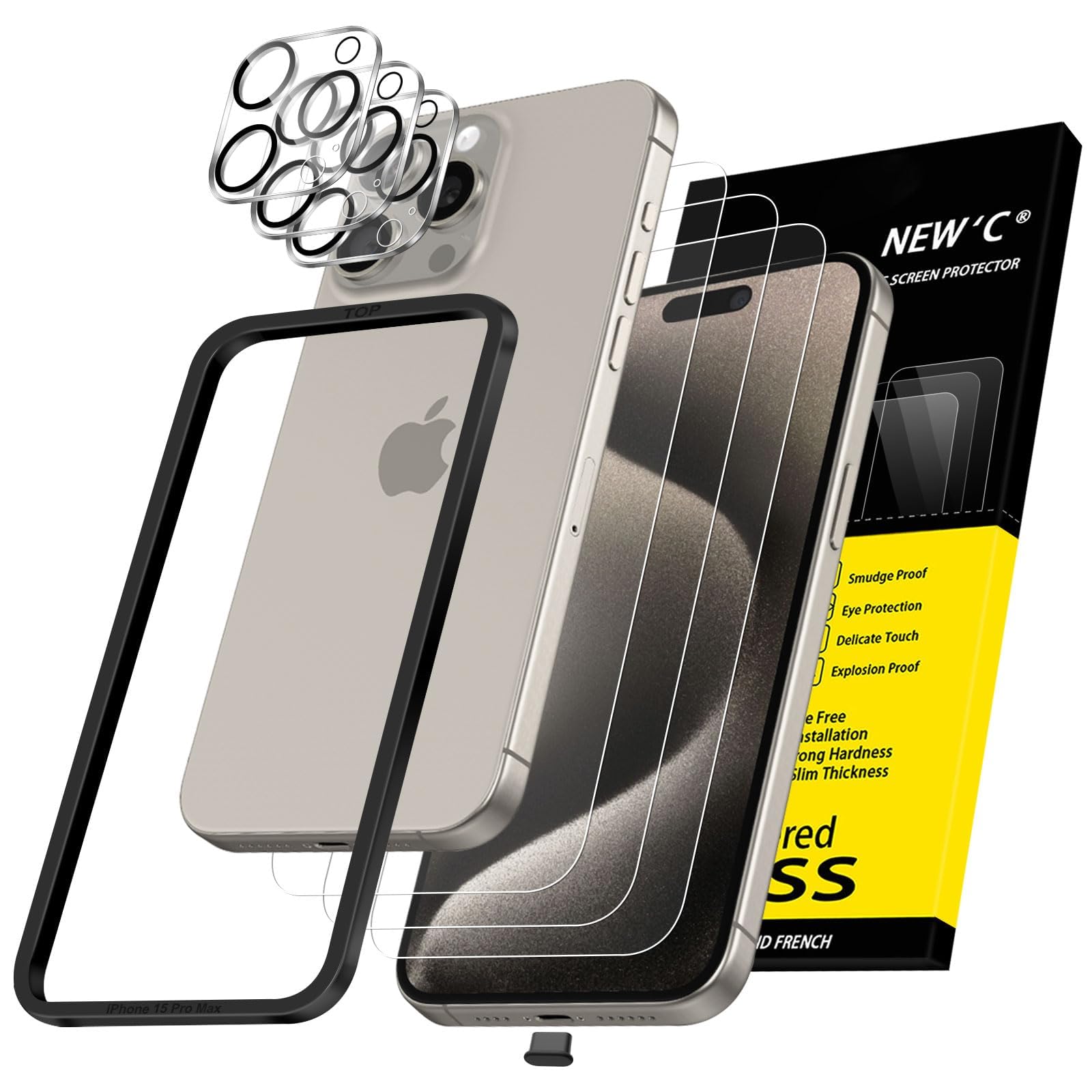 NEW'C 3x for iPhone 15 Pro Max Screen Protector (6.7 inches)+ 3x Camera Lens Protector, Sensor Protection, Case Friendly Tempered Glass Film +Dust