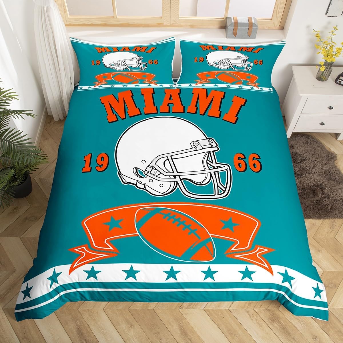 Erosebridal American Football Team Style Bedding Set Twin Size Sports Duvet Cover for Boys Football City Bed Set, Inspirational Dolphin Design Comforter Cover for Sports Fans Gifts (Miami)