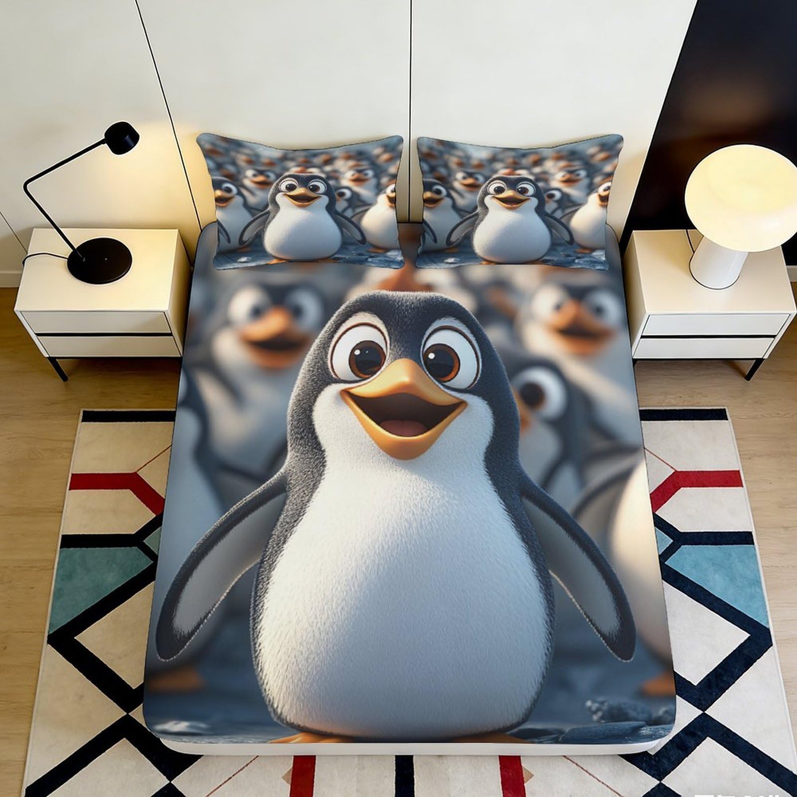 3D Printed Penguin Pattern Fitted Sheet Microfiber Soft Breathable Cartoon Animal Bed Cover for Bedroom Dormitory Guest Room Mattress Protection 120x200x25cm